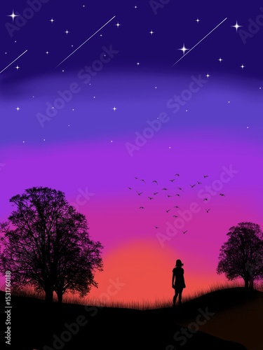 Silhouette of a woman standing on a grassy hill under a starry sky at sunset. Gradient twilight background with birds flying, trees,and shooting stars. Peaceful and dreamy night landscape illustration