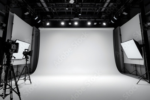 film set studio with floodlights illuminating the subject at the top, clear copy space at the bottom for professional movie entertainment industry technology.