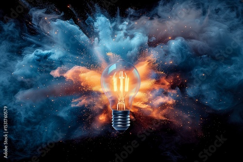 Illuminating Creativity: A Lightbulb with Explosive Colors in a Cloudy Burst
