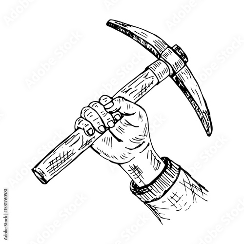 Hand holding a pickaxe, vintage engraved style illustration, vector hand-drawn.