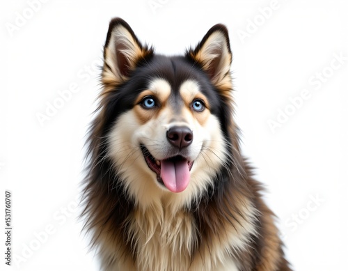 close up portrait of a malamute isolated on white background, subject positioned on the left side with clear copy space on the right, a cute pet, loyal friend, and good panion.