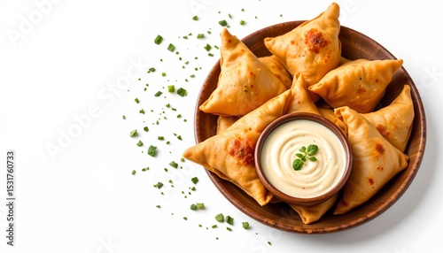 savory samosa snacks isolated on white background, subject on the right with copy space on the left.