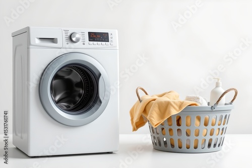 washing machine, washing gel, and laundry basket on white background, subject placed on the left with goldenrod tones
