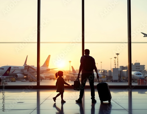 silhouettes of family traveling at airport, subject at bottom, clear copy space at top.