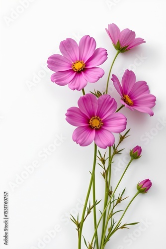 delicate pink and purple cosmos flowers with green stems and buds beautifully illustrated on the right side of a white background, ample copy space on the left for text.
