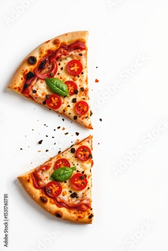 futuristic pizza margherita on the left, isolated on white background, plenty of copy space on the right.