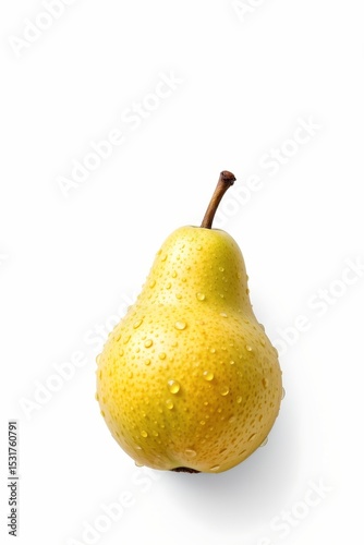fresh juicy pear with water droplets on white background, subject at the bottom with copy space at the top, flat design style.