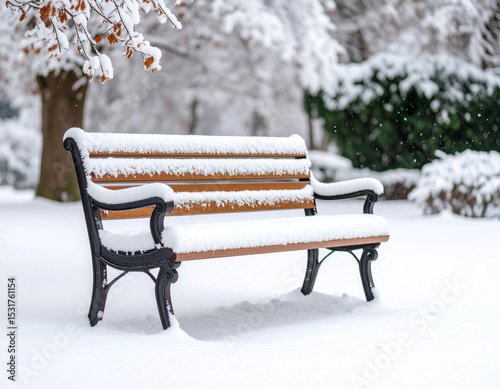 Snow-covered bench in a winter park