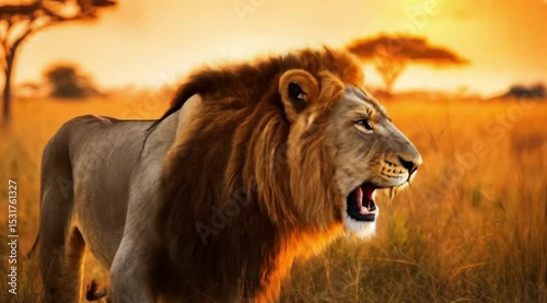 Majestic lion roaring fiercely in the golden African savanna