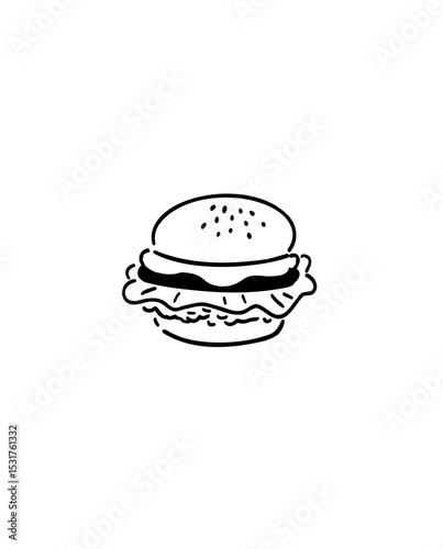 ハンバーガー_手書きイラスト_線画｜Burger_Hand-drawn Illustration_Line Art