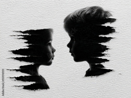 Silhouetted Children in Artistic Torn Paper Style Background