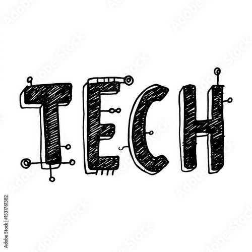 Creative Hand-Drawn Illustration of the Word 'TECH' in Doodle Style