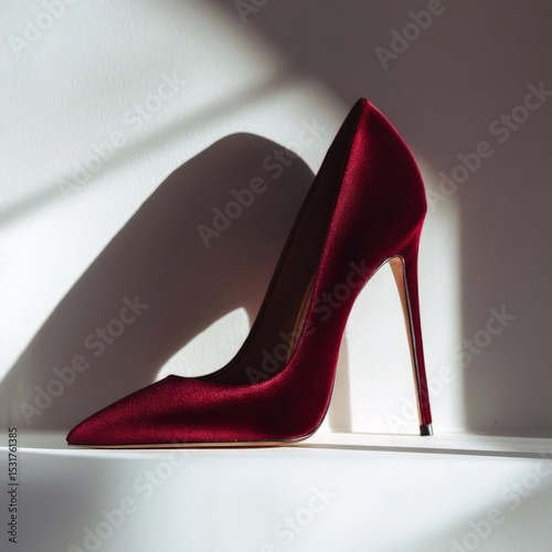 Elegant Red Stiletto Heels on White Shelf in Soft Natural Light