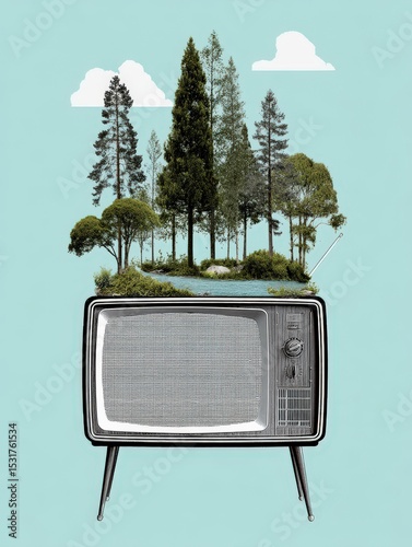 Vintage Television Surrounded by Lush Nature and Tranquil Landscape