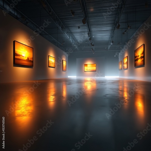 Modern Art Gallery Interior with Illuminated Sunset Paintings