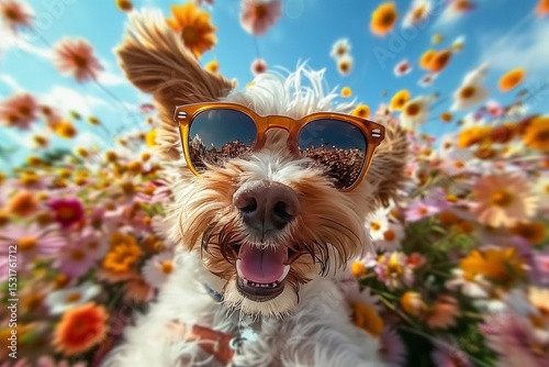 Joyful Pup in Sunglasses Enjoying a Vibrant Flower Field on a Sunny Day