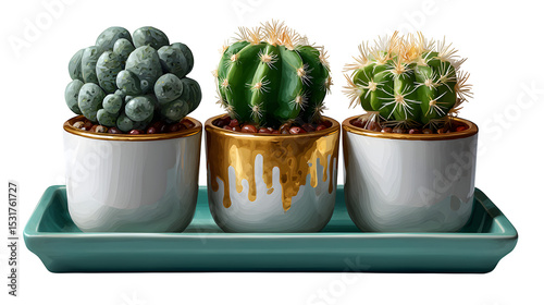 Mini cactus trio in decorative tray isolated on transparent background