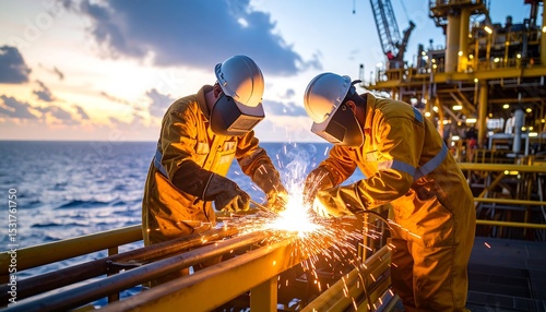 Welders at Work Offshore Oil Rig Sparks  Industry with Ocean Sunset Background.