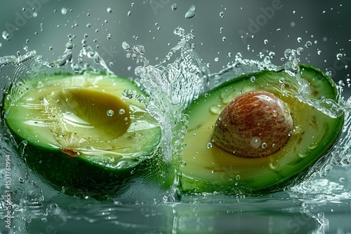 Vibrant Splash of Fresh Avocados: A Burst of Green and Water Captured in Dynamic Motion