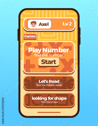Dashboard of game options play number buttons mobile apps smartphone application user interface for children colorful design UI