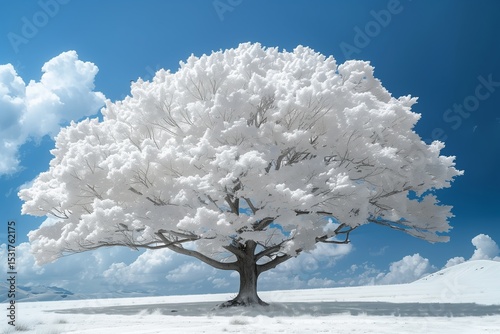 Majestic White Tree Against a Clear Blue Sky in a Snow-Covered Landscape