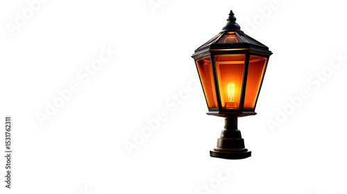 Old-fashioned lantern casting warm light on dark cobblestone street isolated on transparent background