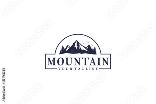 Outdoor Mountain Logo - circle emblem for mountain climbing, nature hiking basecamp, pine tree forest, nature adventure badge