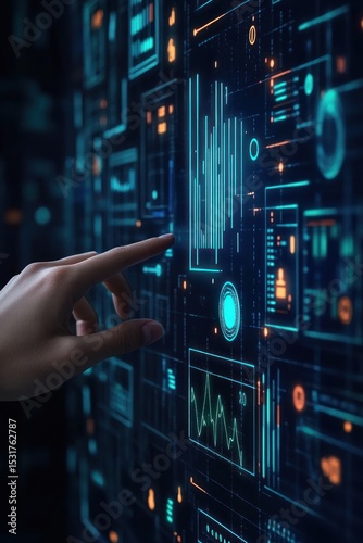 A hand interacting with a futuristic interface displaying data visualizations and digital information