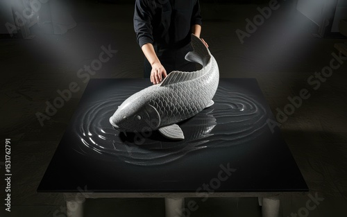 Final Inspection: Exquisite Granite Koi Fish Sculpture on Black Table, Art and Craftsmanship, Stunning Studio Shot