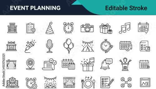 Event Planning Line Icons Pack – Editable Stroke Vector .