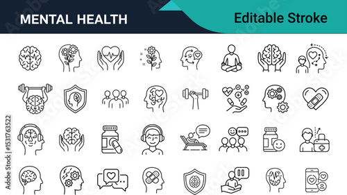 Mental Health Line Icons Set – Therapy, Brain, Wellness, Mindfulness, Psychology & Self-Care Stroke Style.