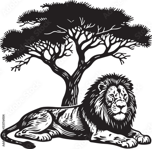 Resting Lion Silhouette Under a Tree in Black and White