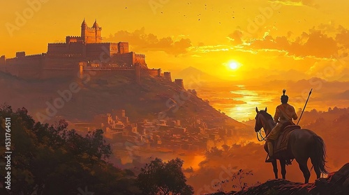Breathtaking illustration of a Maratha fort at sunrise with a lone warrior on horseback gazing at the horizon embodying Maharashtras legacy of leadership and strength