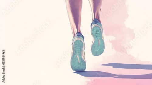 Close-up illustration of legs in teal running shoes mid-stride on a soft pink and white background, highlighting motion and dynamic energy in footwear design