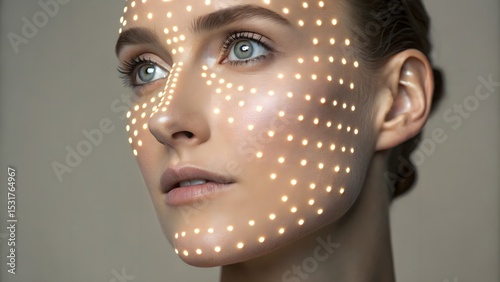Close-up portrait with LED light patterns sculpting facial features—softly lit, neutral backdrop highlights futuristic beauty-tech fusion.