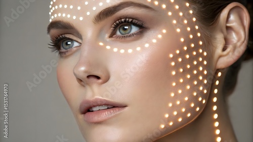 Close-up portrait with LED light patterns sculpting facial features—softly lit, neutral backdrop highlights futuristic beauty-tech fusion.