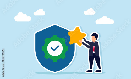 Businessman holding a star near a shield with a checkmark illustration of validation and verification for business quality standards