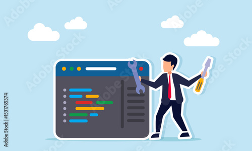 Businessman near programming interface holding screwdriver and wrench illustration of routine maintenance for business application system
