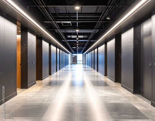 Long and mysterious corridor with dark walls and flooring leading to an unseen exit point