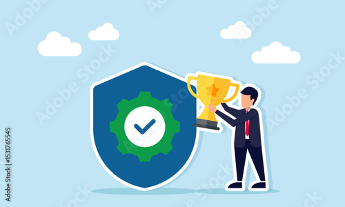 Businessman holding a trophy near a shield with a checkmark illustration of success in registering business company legality