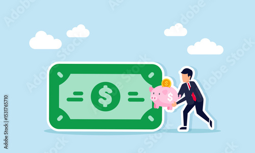 Businessman holding piggy bank near money illustration of financial stability and business investment security