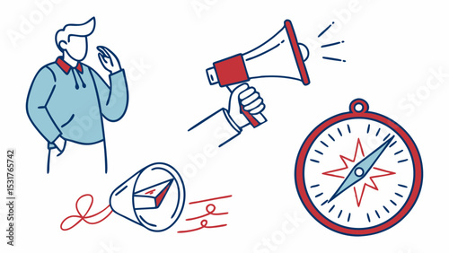 Illustration depicting a man gesturing, a megaphone, a compass, and a compass in a megaphone