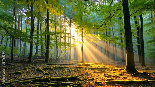 Sunlight streaming through dense forest trees, illuminating the forest floor with vibrant colors