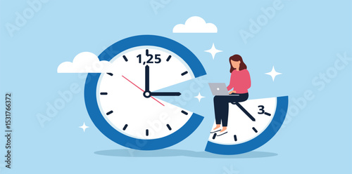 Part-time job, work tracking system, day planning or time management, side hustle or office work deadline, start and end time schedule concept, businesswoman working with laptop on split time .