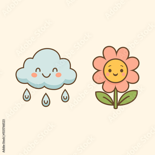 Smiling flower and rain cloud cartoon – cute kids weather illustration with raindrops and sunny flower for education, storybook, and eco design