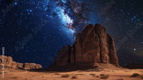 Arab stock photography of the Saudi Arabian desert at night with stars and the Milky Way, with huge rock formations