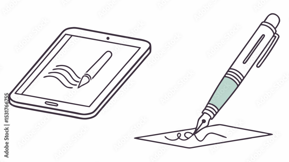 Illustration depicting a tablet with a stylus and a fountain pen writing on a piece of paper art