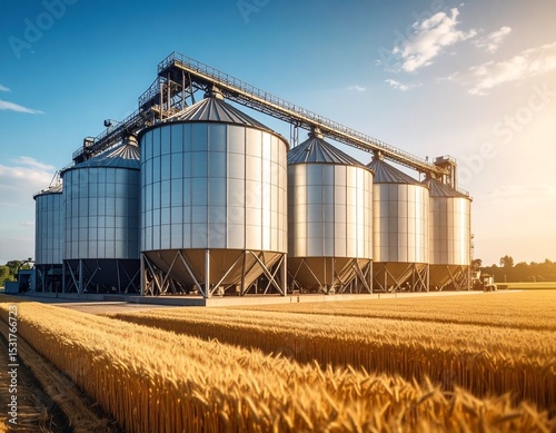 Impressive grain elevator towering over expansive fields and endless blue skies above