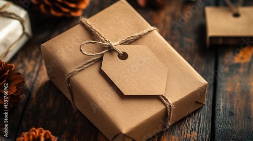 Brown cardboard ribbon tag with ink notation designed for holiday gifts and festive presentations