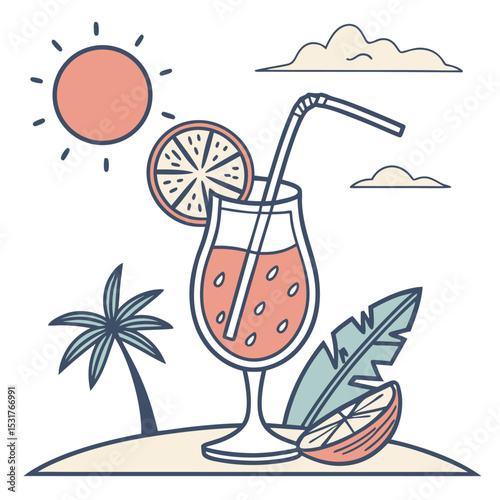 Refreshing tropical cocktail drink with sun and palm tree illustration.
